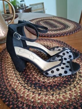 Jessica Simpson Black Polka Dot Mesh Ankle-Strap Block Heels Sz. 6.5